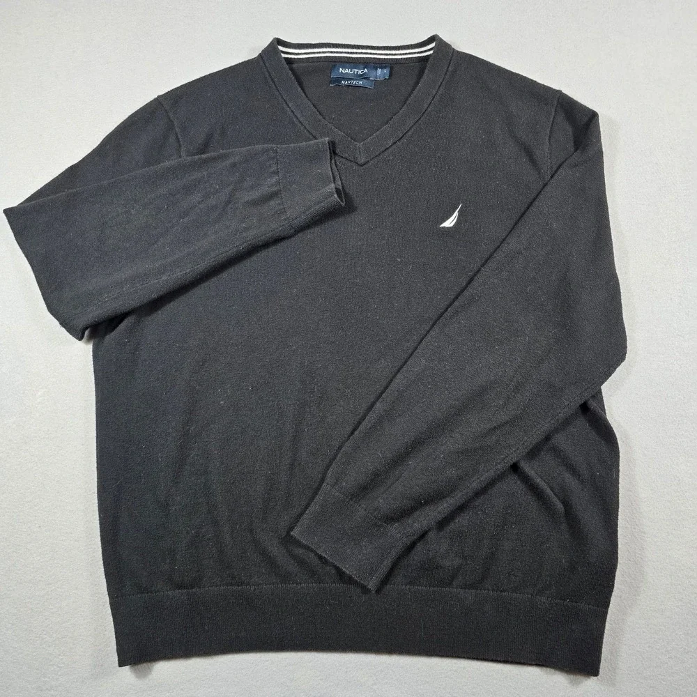 Nautica Mens Large Black Sweater Navtech V-Neck Pullover Cotton‎ Blend Logo